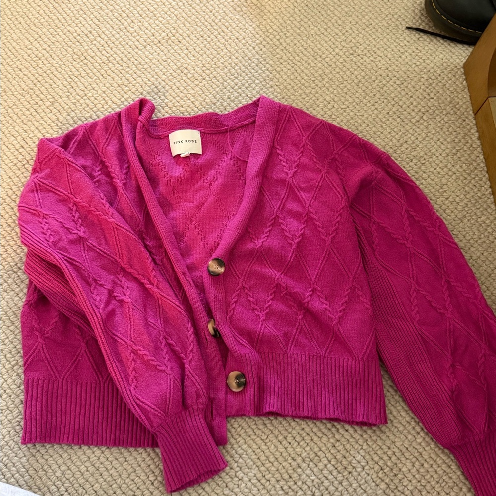 Pink Rose Bright Fuchsia Cable-Knit V-Neck Cropped Cardigan